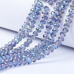 Aciano Azul Electroplate transparentes cuentas de vidrio hebras, chapado en arco iris , facetados, Rondana plana, azul aciano, 4x3 mm, agujero: 0.4 mm, sobre 123~127 unidades / cadena, 16.5~16.9 pulgada (42~43 cm)