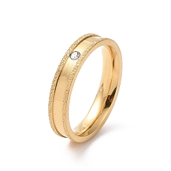 Golden Crystal Rhinestone Grooved Finger Ring, Textured 201 Stainless Steel Jewelry for Women, Golden, Inner Diameter: 17mm, 4mm