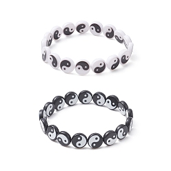 Negro 2 piezas 2 conjunto de pulseras elásticas de acrílico yin yang de color, en blanco y negro, diámetro interior: 2-1/2 pulgada (6.3 cm), 1 pc / estilo