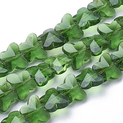 Verde Perlas de vidrio transparentes, facetados, mariposa, verde, 12x14.5x7.5 mm, agujero: 1 mm