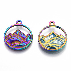 Rainbow Color 201 Stainless Steel Pendants, Flat Round with Mountain Charm, Rainbow Color, 24x20x3mm, Hole: 1.8mm