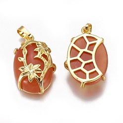Red Aventurine Natural Red Aventurine Pendants, with Golden Tone Brass Findings, Oval with Flower, 32x20x9mm, Hole: 5x8mm
