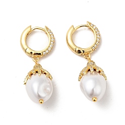 Real 18K Gold Plated ABS Imitation Pearls Drop Dangle Hoop Earrings with Clear Cubic Zirconia, Real 18K Gold Plated Brass Jewelry for Women, Real 18K Gold Plated, 38.5mm, Pin: 0.8mm