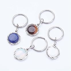 Mixed Stone Gemstone Keychain, with Alloy Linking Rings and 316 Surgical Stainless Steel Findings, Flat Round , 58mm