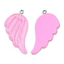 Pearl Pink Translucent Resin Pendants, Wing Charms, with Platinum Plated Iron Loops and Glitter Powder, Pearl Pink, 41x30x4mm, Hole: 2mm