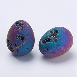 Rainbow Plated Electroplate Natural Druzy Geode Quartz Beads, Gemstone Home Display Decorations, No Hole/Undrilled, Egg Stone, Rainbow Plated, 41x29mm