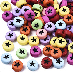 Mixed Color Opaque Acrylic Beads, with Enamel, Flat Round with Star, Mixed Color, 7x4mm, Hole: 1.5mm, about 3416pcs/500g