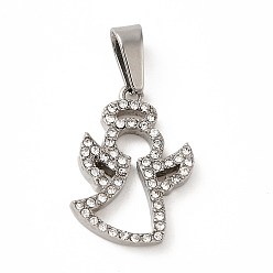 Stainless Steel Color 304 Stainless Steel Pendants, with Rhinestone, Angel Charm, Stainless Steel Color, 20x14x2.5mm, Hole: 7.5x3.5mm