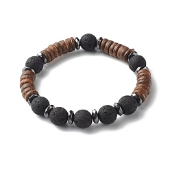 Black Natural Coconut Rondelle Beads Stretch Bracelet for Men Women, Oil Diffuser Lava Rock Beads & Non-Magnetic Synthetic Hematite Bracelet, Black, Inner Diameter: 2-3/8 inch(5.9cm)
