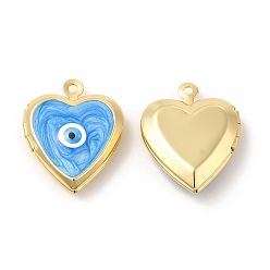 Deep Sky Blue Brass Enamel Locket Pendants, Real 18K Gold Plated, Long-Lasting Plated, Heart with Evil Eye, Deep Sky Blue, 21x17x5mm, Hole: 1.4mm, Inner Diameter: 9.5x10mm