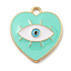 Aquamarine Alloy Enamel Pendants, Golden, Heart with Evil Eyes Charm, Aquamarine, 26x24x2.5mm, Hole: 3mm