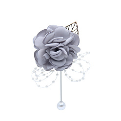 Gray Silk Cloth Imitation Rose Corsage Boutonniere, with Plastic Beads, for Men or Bridegroom, Groomsmen, Wedding, Party Decorations, Gray, 120x70mm