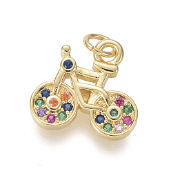 Oro Micro latón allanan encantos de circonio cúbico, con anillos de salto, bicicleta, colorido, dorado, 11x11.5x2 mm, agujero: 2.5 mm