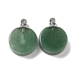 Green Aventurine Natural Green Aventurine Perfume Bottle Pendants, Flat Round Charms with Stainless Steel Color Plated 304 Stainless Steel Findings, 27.5x20x7~7.5mm, Hole: 2mm