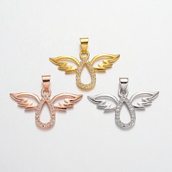 Mixed Color Angel Brass Micro Pave Cubic Zirconia Pendants, Lead Free & Nickel Free, Mixed Color, 27x16x2mm, Hole: 3x5mm