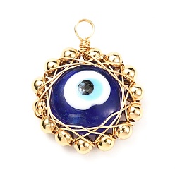 Dark Blue Flat Round Evil Eye Lampwork Pendants, with Brass Beads, Dark Blue, 28x22.5x8mm, Hole: 3mm