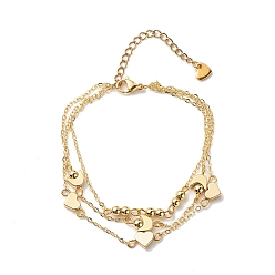 Golden Brass Heart & Moon Link Multi-strand Bracelet, Triple Layer Bracelet for Women, Golden, 7-3/4 inch(19.7cm)