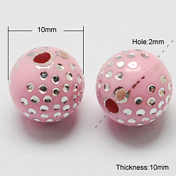 Pink Perles acryliques plaquées, métal enlacée, ronde, rose, 10x10mm, Trou: 2mm, 1000 pcs / 500 g