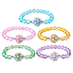 Mixed Color Frosted Round Synthetic Moonstone Beaded Bracelets, with Polymer Clay Rhinestone Beads, for Women, Mixed Color, 3/8~3/4 inch inch(0.85~1.75cm) wide, Inner Diameter: 2 inch(5.2cm)