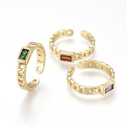 Mixed Color Brass Micro Pave Cubic Zirconia Cuff Rings, Open Rings, Long-Lasting Plated, Rectangle, Curb Chain Shape, Real 18K Gold Plated, Mixed Color, Size 6, Inner Diameter: 17mm