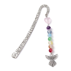 Angel & Fairy Flower Pattern Alloy Hook Bookmarks, Round & Heart Glass Beaded Bookmark with Charm, Angel & Fairy, 124mm, Pendant: 104x23x8.5mm