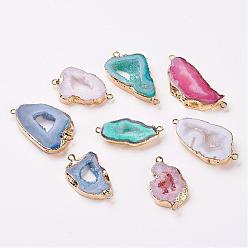Mixed Color Electroplate Natural Druzy Geode Quartz Crystal Links connectors, with Brass Findings, Nuggets, Golden, Mixed Color, 22~45x10~35x4~5.5mm, Hole: 2mm