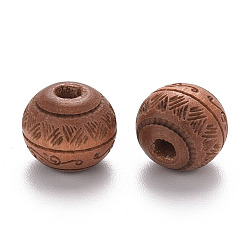 Peru Painted Natural Wood Beads, Laser Engraved Pattern, Round with Leave Pattern, Peru, 10x9mm, Hole: 2.5mm