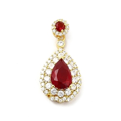 Red Brass Micro Pave Clear Cubic Zirconia Pendants, with Faceted Glass, Teardrop, Real 18K Gold Plated, Red, 32.5mm, Hole: 3.5x2.5mm