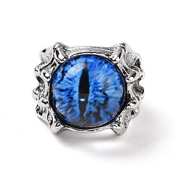 Dodger Blue Dragon Eye Glass Wide Band Rings for Men, Punk Alloy Dragon Claw Open Ring, Antique Silver, Dodger Blue, US Size 8(18.1mm)