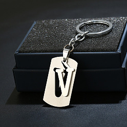 Letter V 201 porte-clés en acier inoxydable, porte-clés étiquette de chien, avec porte-clés en fer plaqué platine, rectangle avec lettre fractionnée, letter.v, 10.5 cm