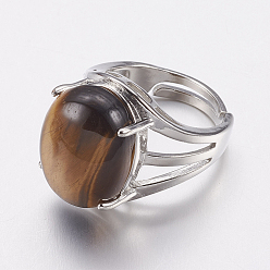 Tiger Eye Natural Tiger Eye Wide Band Finger Rings, with Brass Ring Findings, Oval, 18mm