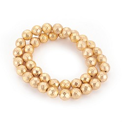 Golden Plated Electroplated Non-magnetic Synthetic Hematite Beads Strands, Frosted, Faceted, Round, Golden Plated, 8mm, Hole: 1.4mm, about 52pcs/strand, 15.74 inch(40cm)