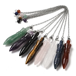 Mixed Stone Mixed Natural Gemstone Pointed Dowsing Pendulums, with 304 Stainless Steel Chains, Bullet Charm, 243mm, Bullet: 60x12.5mm, Hole: 3mm