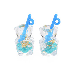 Medium Turquoise Imitation Bubble Tea/Boba Milk Tea Transparent Resin Pendants, Boba Polymer Clay inside, with Acrylic Cup and Gold Foil, Bear, Medium Turquoise, 28.5~31.5x14x13mm, Hole: 1.8mm