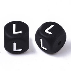 Letter L Food Grade Eco-Friendly Silicone Beads, Horizontal Hole, Chewing Beads For Teethers, DIY Nursing Necklaces Making, Cube, Black, Letter.L, 12x12x12mm, Hole: 2mm
