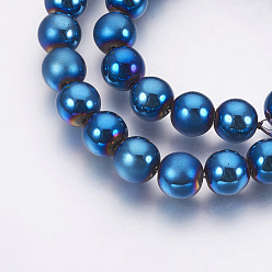Blue Plated Electroplate Non-Magnetic Synthetic Hematite Beads Strands, Polished, Frosted, Round, Blue Plated, 8mm, Hole: 1mm, about 53pcs/strand, 15.7 inch(40cm)