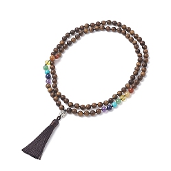 Coconut Brown Natural & Synthetic Mixed Gemstone & Wood Buddhist Necklace, Alloy Buddha Head with Polyester Tassel Lariat Necklace for Women, Coconut Brown, 39.37 inch(100cm)