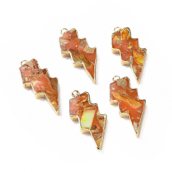 Orange Dyed Natural Imperial Jasper Pendants, Lightning Bolt Charms, with Golden Tone Brass Findings, Orange, 39.5x16.5x4mm, Hole: 1.8mm