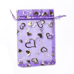 Medium Purple Organza Drawstring Jewelry Pouches, Wedding Party Gift Bags, Rectangle with Gold Stamping Heart Pattern, Medium Purple, 15x10x0.11cm