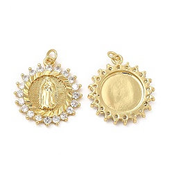 Golden Brass Micro Pave Cubic Zirconia Pendants, with Jump Ring, Flower with Religion Virgin Mary Charm, Golden, 25.5x23x3mm, Hole: 3.3mm