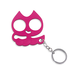 Medium Violet Red Alloy Cat Head Shape Defense Keychain, Window Glass Breaker Charm Keychain with Iron Findings, Medium Violet Red, 60x53mm