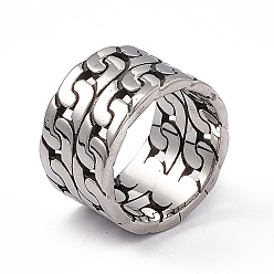 Plata Antigua Forma de cadena de eslabones cubanos 304 anillo de dedo de acero inoxidable, anillos de banda ancha para hombres, plata antigua, 14 mm, diámetro interior: 19 mm