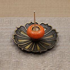 Orange Porcelain Incense Burners Holder, with Alloy Flower Base, Buddhism Aromatherapy Furnace Home Decor, Orange, 88x28mm