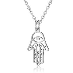 Stainless Steel Color 201 Stainless Steel Pendant Necklaces, with Cable Chains, Hamsa Hand/Hand of Fatima/Hand of Miriam, Stainless Steel Color, 15.7 inch(40cm), 1.5mm, Hand: 21x13x1mm