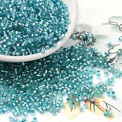 Turquoise Medio Abalorios de la semilla de cristal, plata forrada, cilindro, medio turquesa, 2x1.5 mm, agujero: 1.4 mm, sobre 50398 unidades / libra