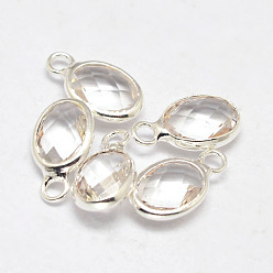 Clear Oval Faceted Silver Tone Brass Glass Charms, Clear, 12x7x3.5mm, Hole: 1mm