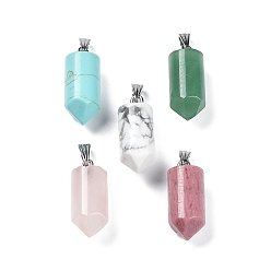 Mixed Stone Natural & Synthetic Mixed Gemstone Pointed Pendants, Bullet charms with Stainless Steel Color Plated 201 Stainless Steel Snap on Bails, 26x10.5mm, Hole: 7x3.5mm