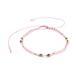 Quartz Rose Bracelets de perles tressées en fil de nylon ajustable, avec perles de verre et perles à facettes en quartz rose naturel à facettes, 2 pouce (5.2 cm)