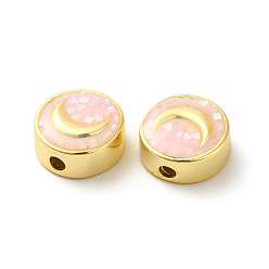BrumosaRosa Rack de perlas de esmalte de latón chapado, con chips de cáscara, larga duración plateado, sin plomo y cadmio, plano y redondo con la luna, dorado, rosa brumosa, 11x4.5 mm, agujero: 1.8 mm