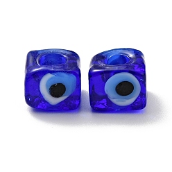Blue Handmade Evil Eye Lampwork European Beads, Large Hole Beads, Cube, Blue, 8~9x9~10x9~10mm, Hole: 4.3mm